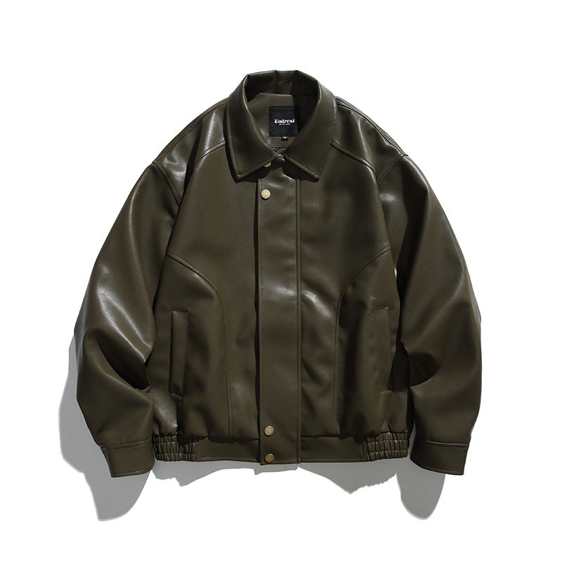 Herren Boxy-Lederimitat-Bomberjacke mit verdeckter Druckknopfleiste, elastischem Saum und aufgesetzten Eingrifftaschen Drune