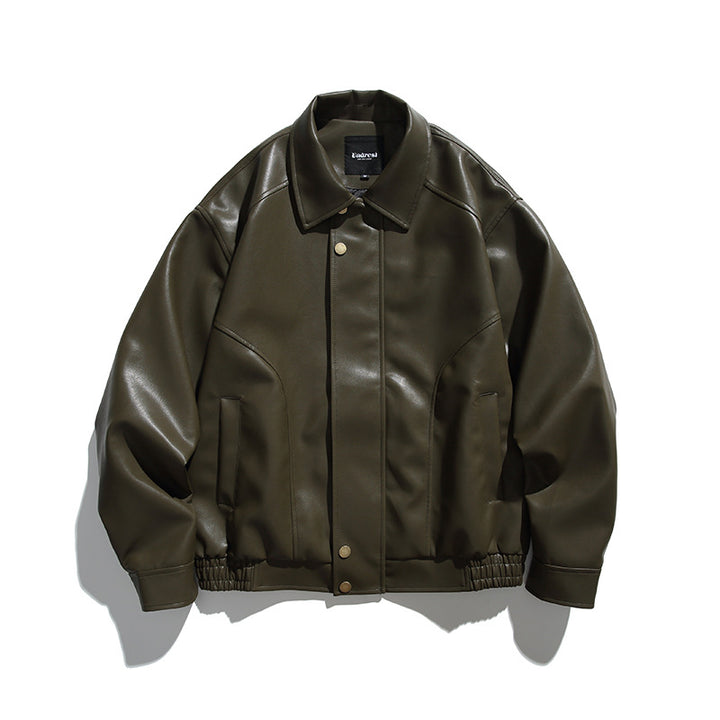 Herren Boxy-Lederimitat-Bomberjacke mit verdeckter Druckknopfleiste, elastischem Saum und aufgesetzten Eingrifftaschen Drune