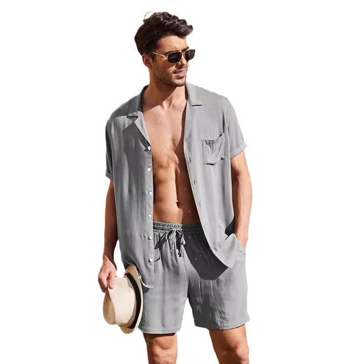 Herren nan zweiteiliges Sommer-Freizeitensemble mit offenem Revershemd und elastischer Kurzhose Drune