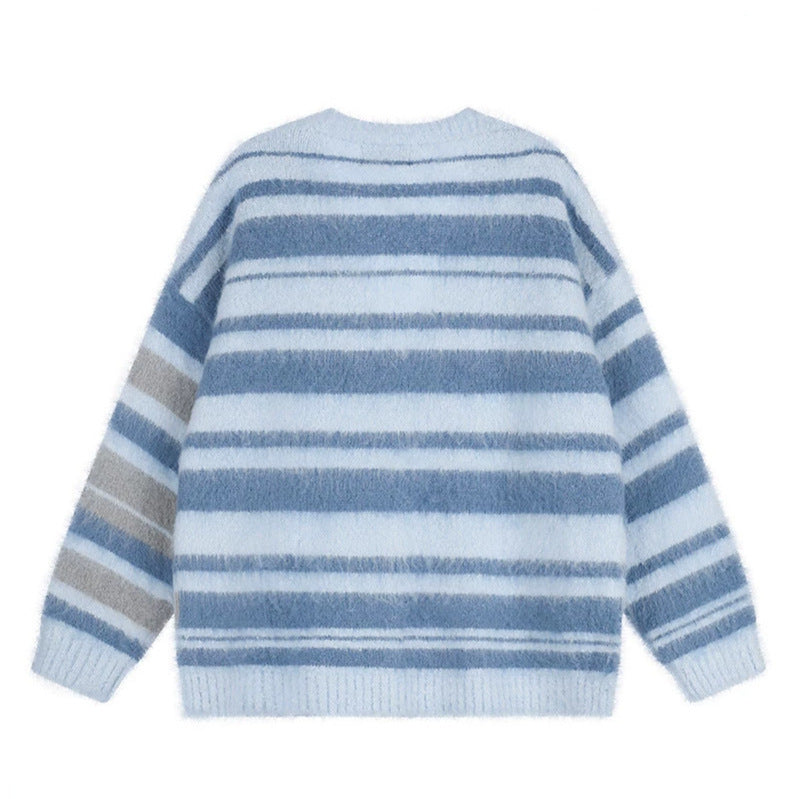 Damen Oversize-Strickjacke mit V‑Ausschnitt, kuscheliger Mohair‑Optik und gestreiftem Muster Drune