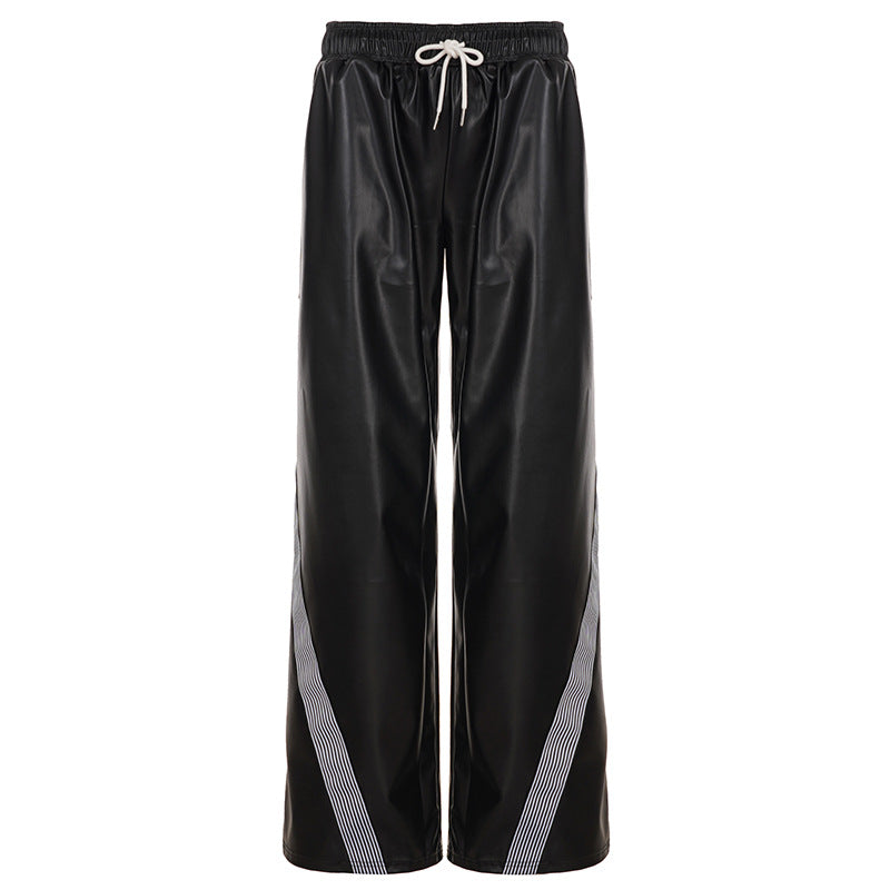 Damen nan weite Kunstleder-Trackpants mit elastischem Bund, Tunnelzug und seitlichen Streifen Drune