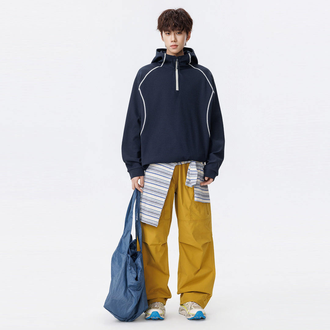 Unisex Oversize Waffelstruktur-Halbzip-Hoodie mit Raglanärmeln und Kontrastpaspeln Drune