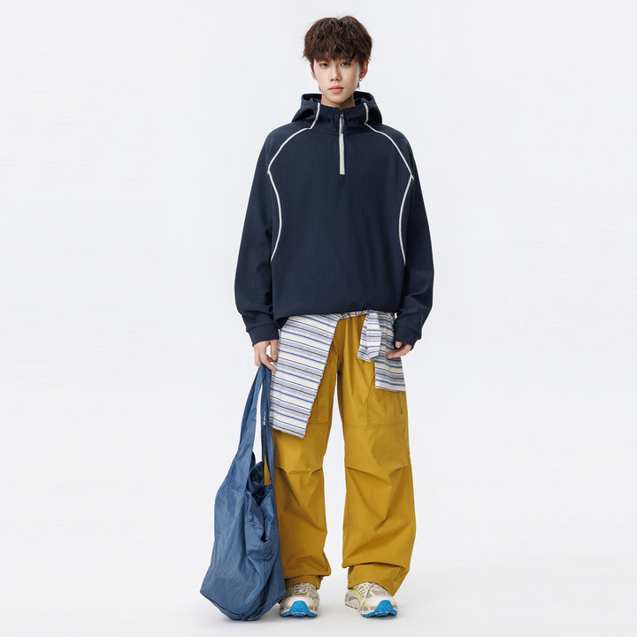 Unisex Oversize Waffelstruktur-Halbzip-Hoodie mit Raglanärmeln und Kontrastpaspeln Drune