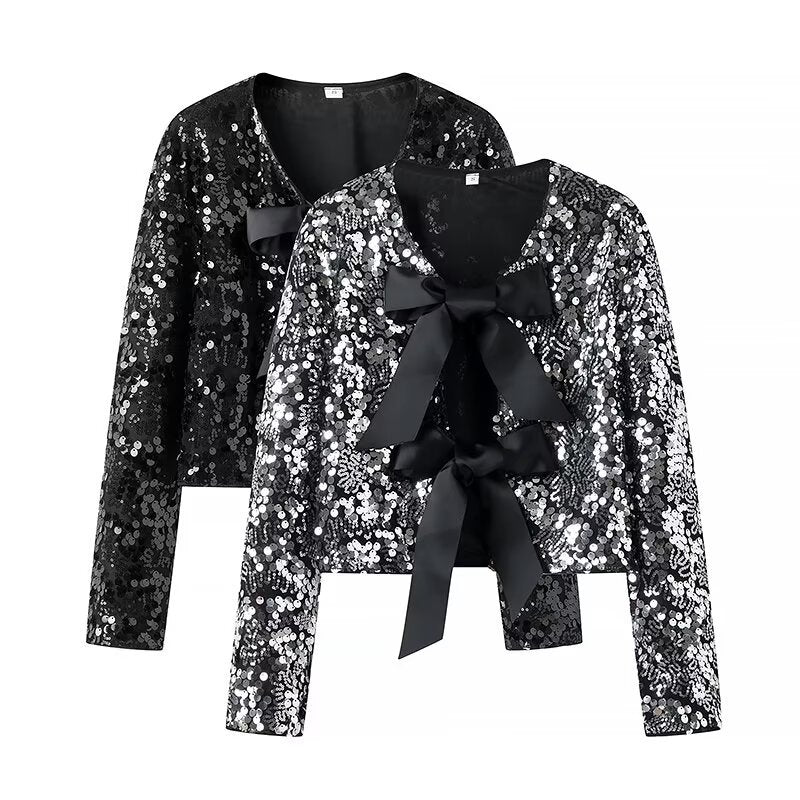 Damen nan Pailletten-Bolerojacke mit doppelt gebundenen Satin‑Schleifen und kurzer Cropped‑Silhouette Drune