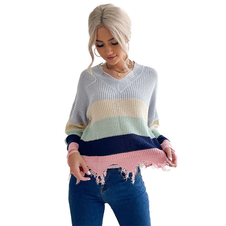 Damen Oversize Strickpullover mit V‑Ausschnitt, Streifenmuster und ausgefranstem Saum Drune