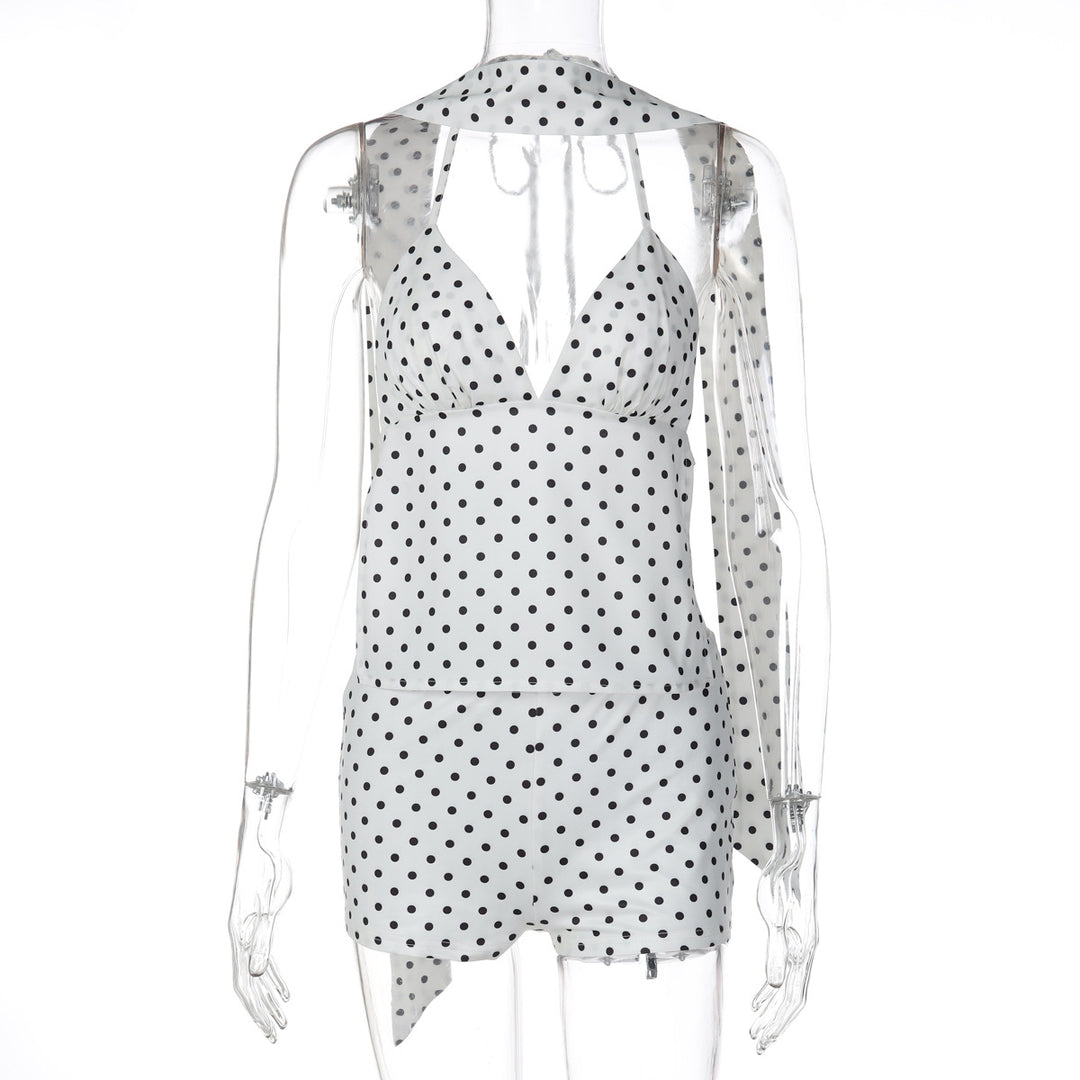 Damen trendiger Jumpsuit mit Halterneck und Punkten Drune