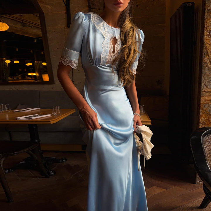 Damen Maxikleid mit eleganten Spitzenakzenten und V-Ausschnitt Drune