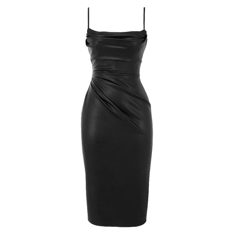 Damen elegantes Satin-Cocktailkleid mit Spaghettiträgern und asymmetrischem Schnitt Drune