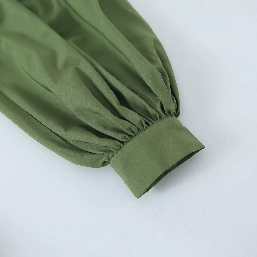 Damen Fließendes Maxikleid mit Ballonärmeln, Rüschendetails und Stehkragen Drune