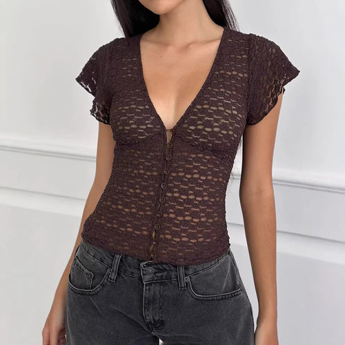 Damen Verspieltes Spitzenoberteil mit fließendem Design und kurzen Puffärmeln Drune