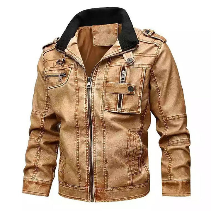 Herren Lässige Kunstleder-Bikerjacke mit Stehkragen, Reißverschluss-Front und Utility-Taschen Drune