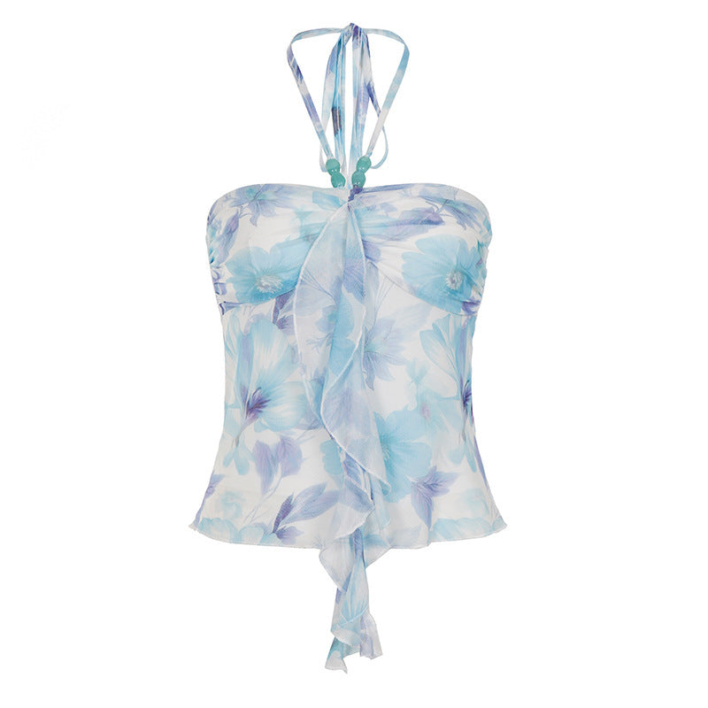 Damen Spaghetti-Trägertop mit floralen Einsätzen und transparenten Rüschen Drune