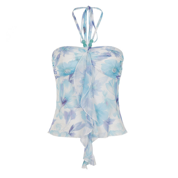 Damen Spaghetti-Trägertop mit floralen Einsätzen und transparenten Rüschen Drune