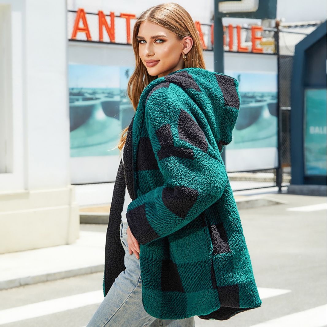 Damen Oversized Fleecejacke mit Kapuze und Karomuster Drune