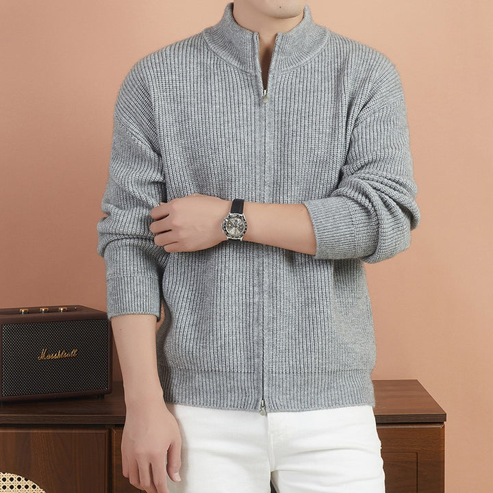 Herren Kuscheliger Zip-Pullover aus Mohair-Mix mit feiner Rippstruktur und Stehkragen Drune