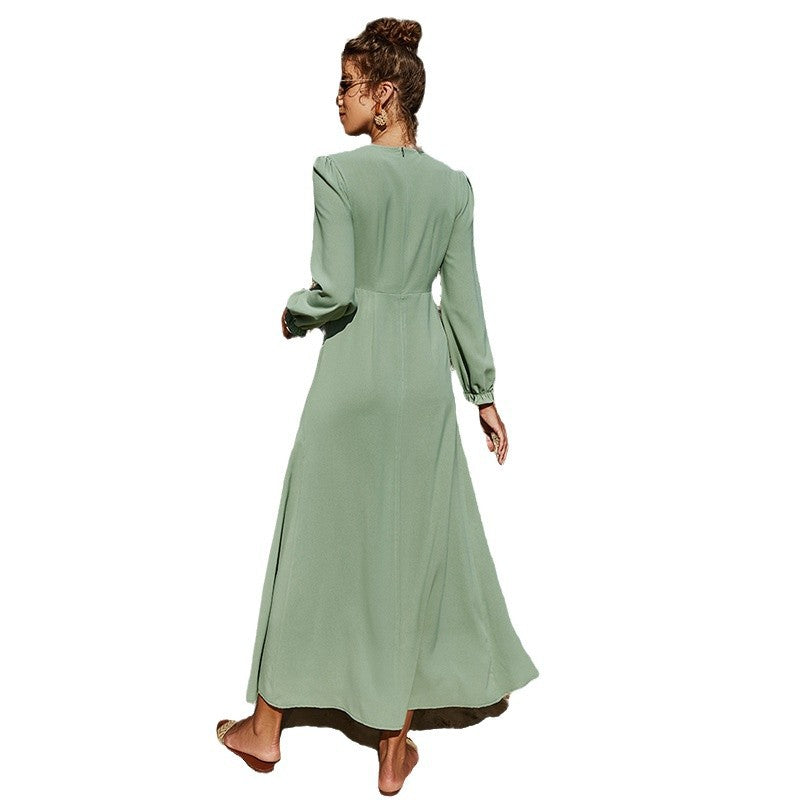 Damen Maxikleid mit eleganten Puffärmeln und hochgeschlossenem Ausschnitt Drune