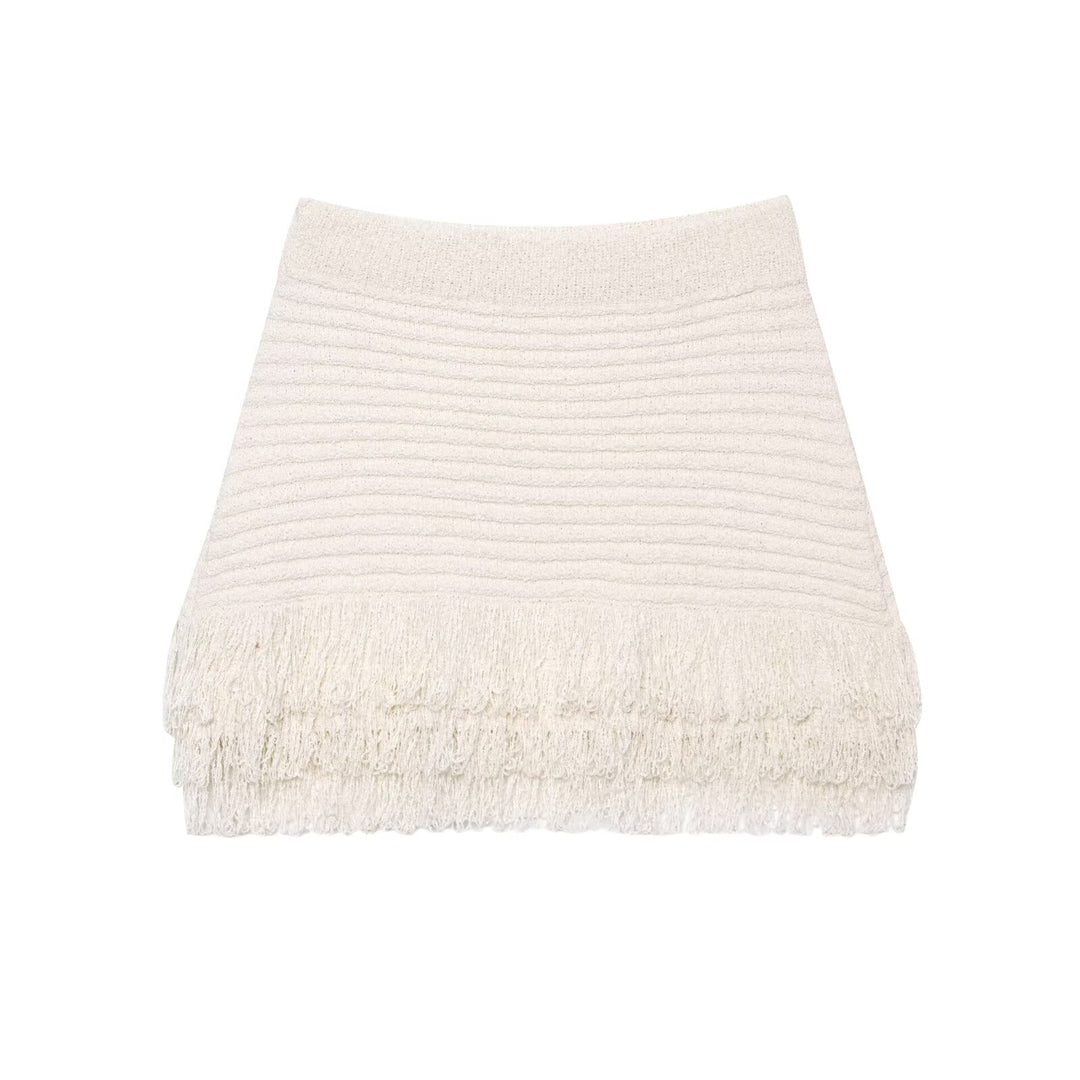 Damen Kurzarm-Strickjacke mit fransigem Saum und dekorativen Knöpfen Drune
