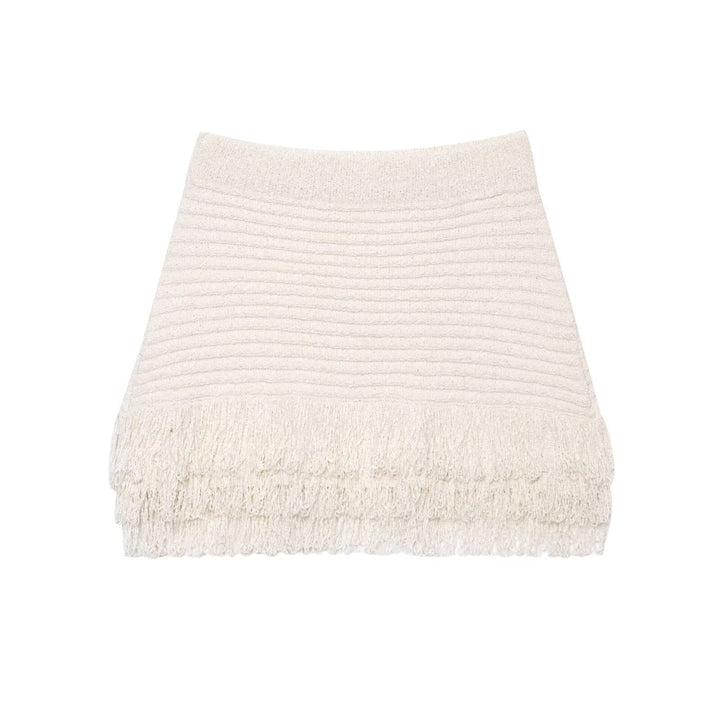 Damen Kurzarm-Strickjacke mit fransigem Saum und dekorativen Knöpfen Drune