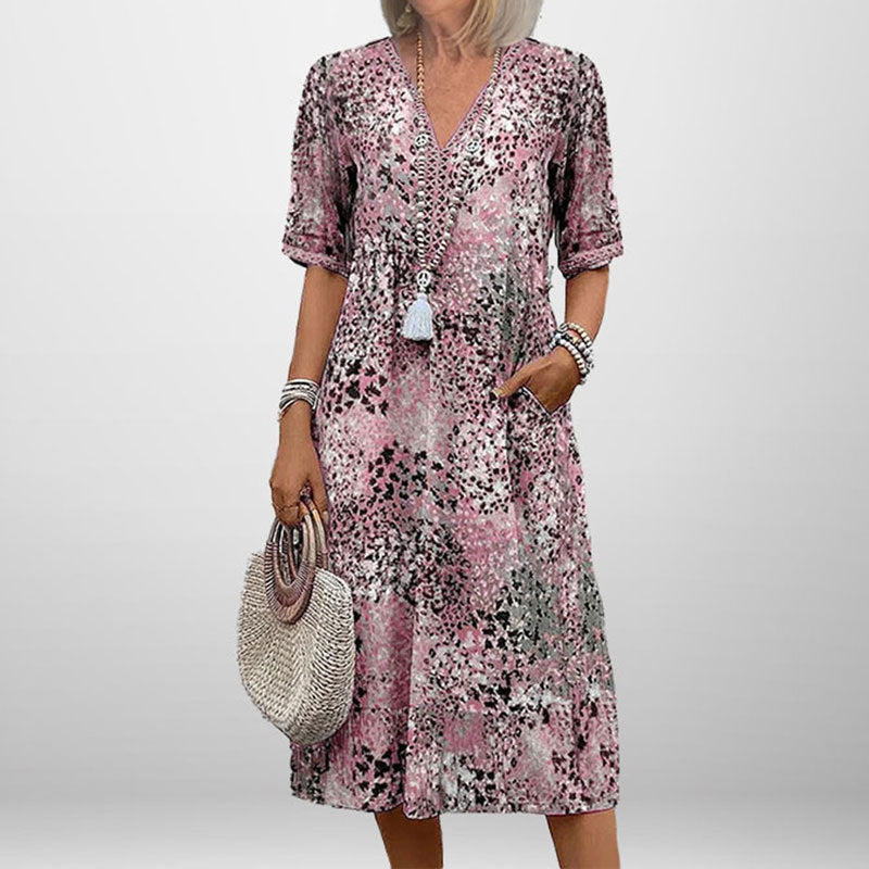 Damen Tunika-Kleid mit auffälligem Muster und modernem V-Ausschnitt Drune