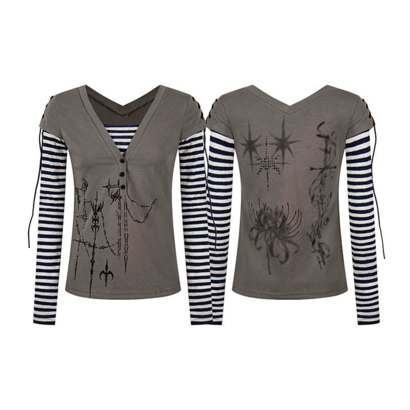 Damen Lagen-Langarmshirt mit V-Ausschnitt, Streifen-Innenlayer und Schnürdetail Drune
