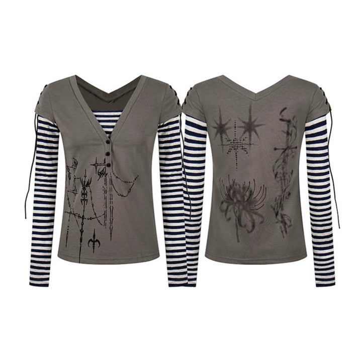 Damen Lagen-Langarmshirt mit V-Ausschnitt, Streifen-Innenlayer und Schnürdetail Drune