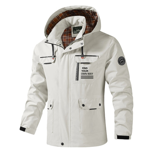Herren Atmungsaktive wasserabweisende Kapuzen-Outdoorjacke mit kariertem Innenfutter, Multifunktions-Taschen & verstellbarer Kapuze Drune