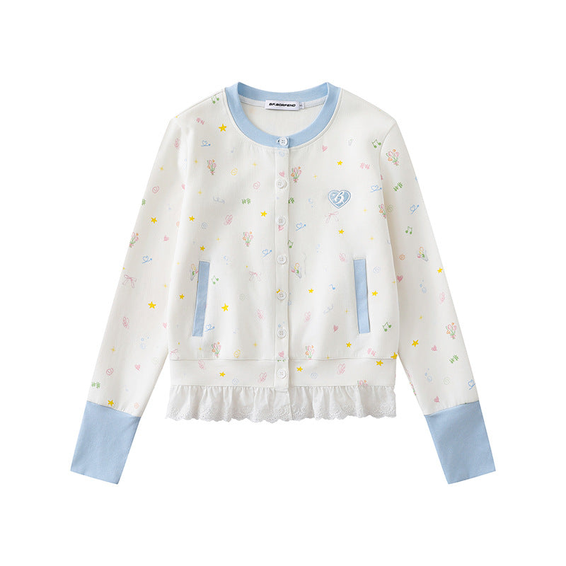 Damen Knopfleisten-Cardigan mit Spitzenvolant, pastelligem Allover-Print und Kontrastbündchen Drune