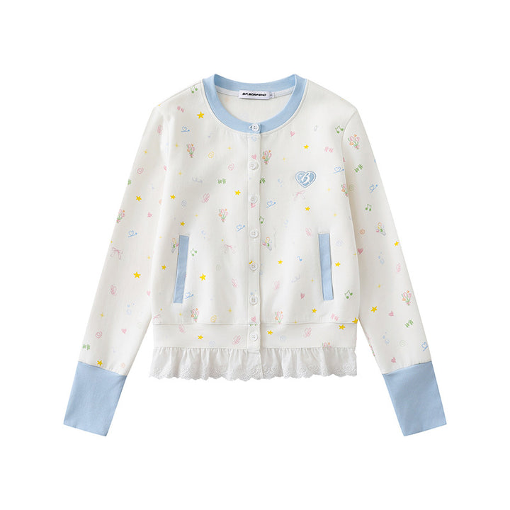 Damen Knopfleisten-Cardigan mit Spitzenvolant, pastelligem Allover-Print und Kontrastbündchen Drune