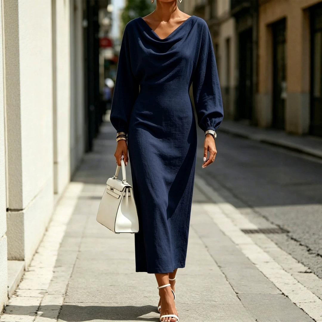 Damen Elegantes Midikleid mit drapiertem Ausschnitt, taillierter Silhouette und Ballonärmeln Drune