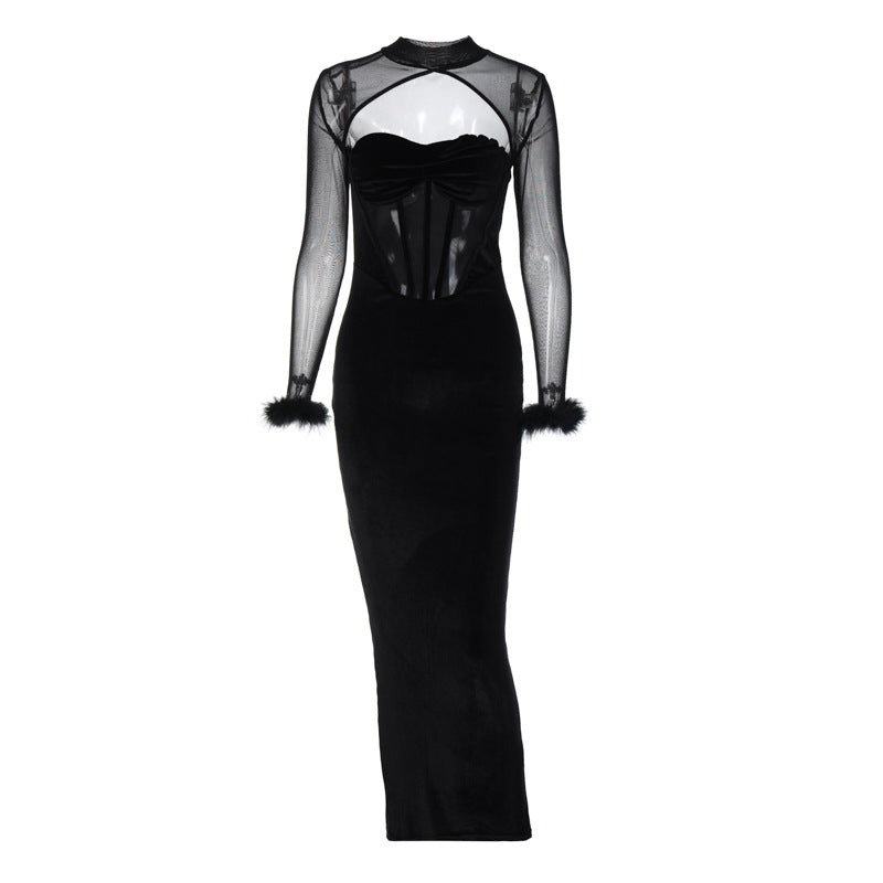 Damen Glamouröses Abendkleid mit transparenten Einsätzen und Pelzverzierungen Drune