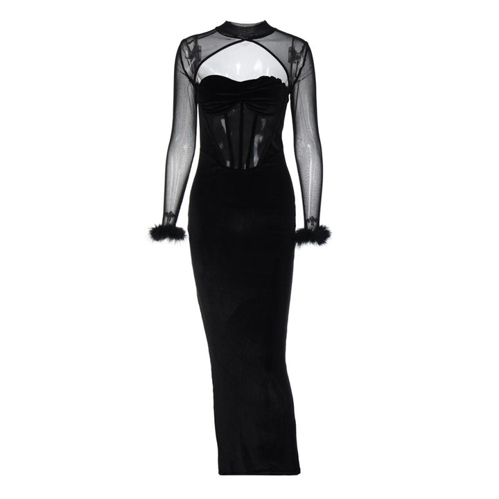 Damen Glamouröses Abendkleid mit transparenten Einsätzen und Pelzverzierungen Drune