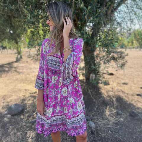 Damen Boho-Chic Kleid mit floralen Mustern und Knopfleiste Drune