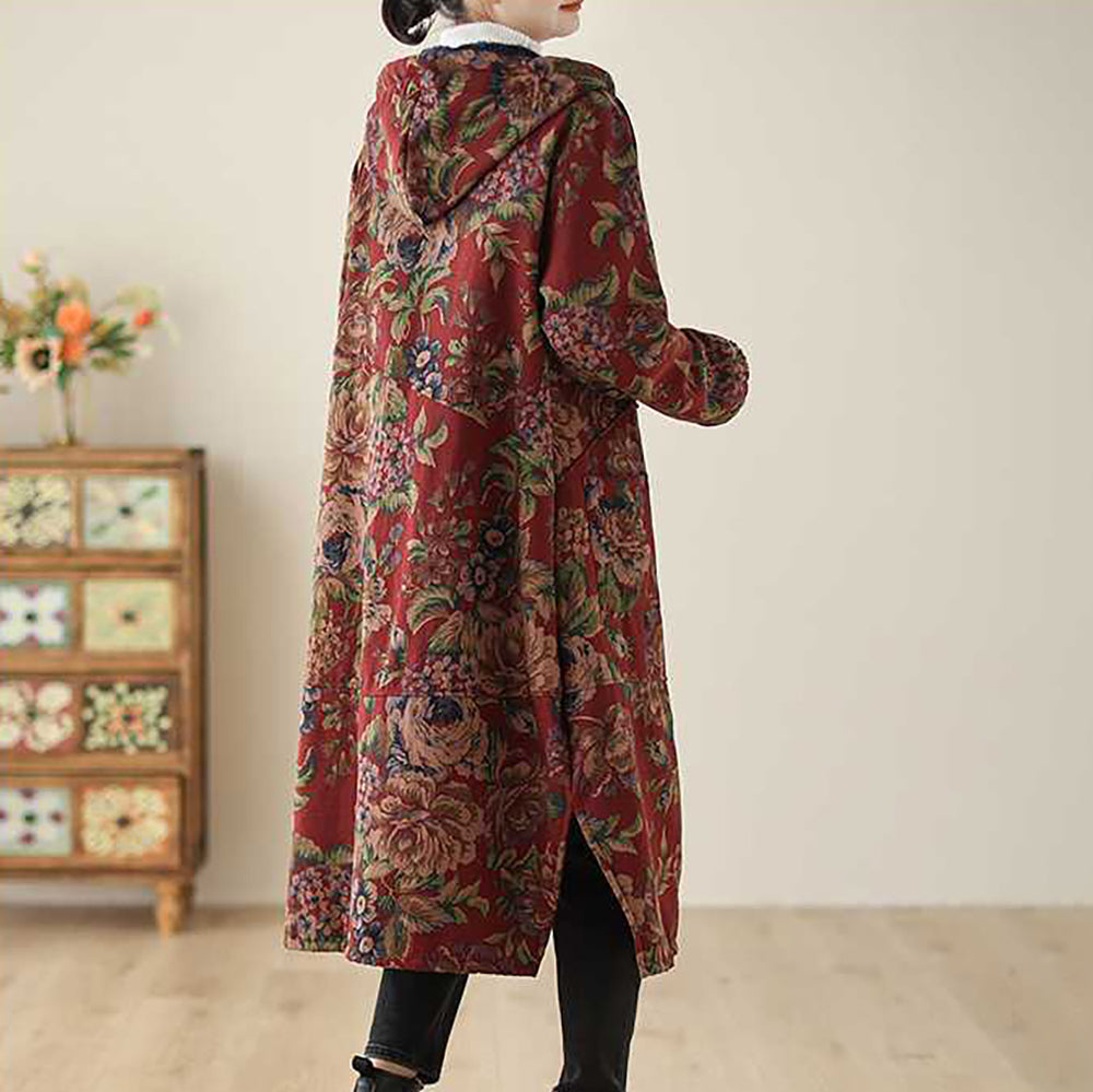 Drune | Langer Mantel im Vintage-Stil mit Blumendruck