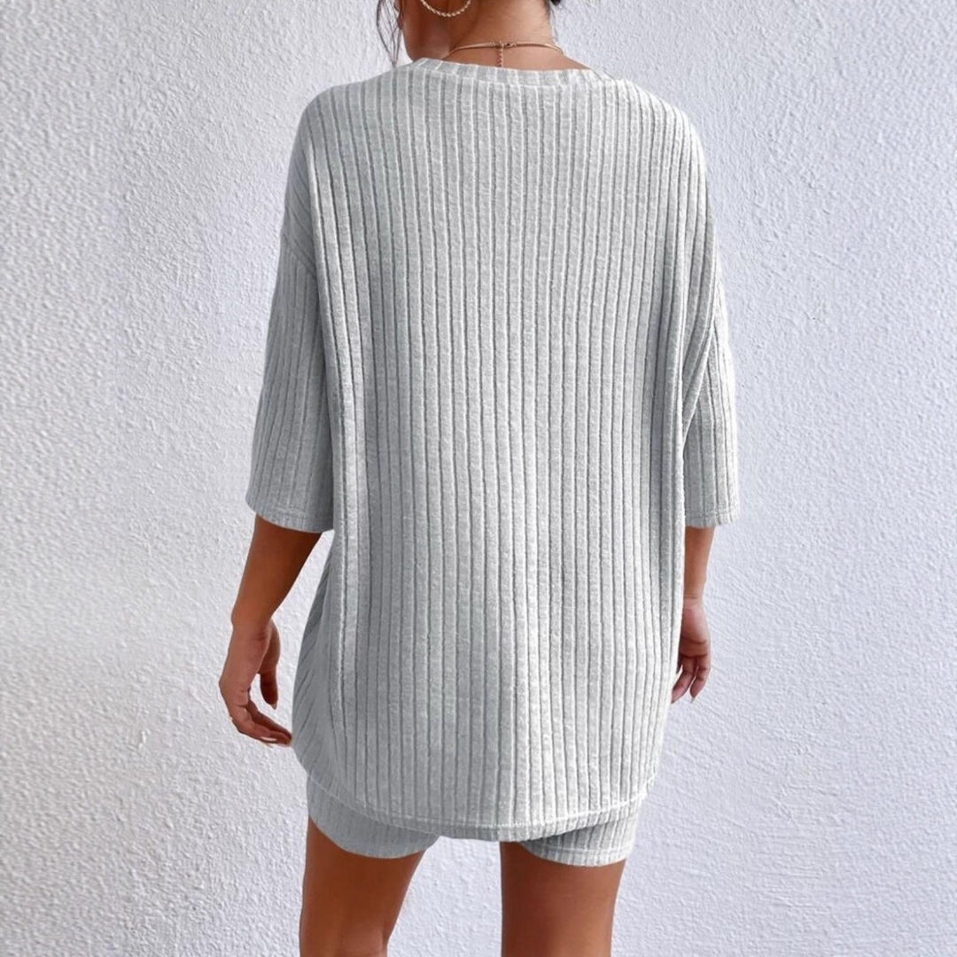 Damen Lässiges Rippstrick-Lounge-Set mit Oversize-Kurzarmoberteil und High-Waist-Biker-Shorts Drune