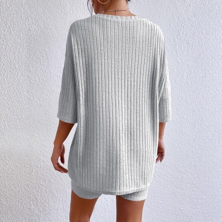 Damen Lässiges Rippstrick-Lounge-Set mit Oversize-Kurzarmoberteil und High-Waist-Biker-Shorts Drune