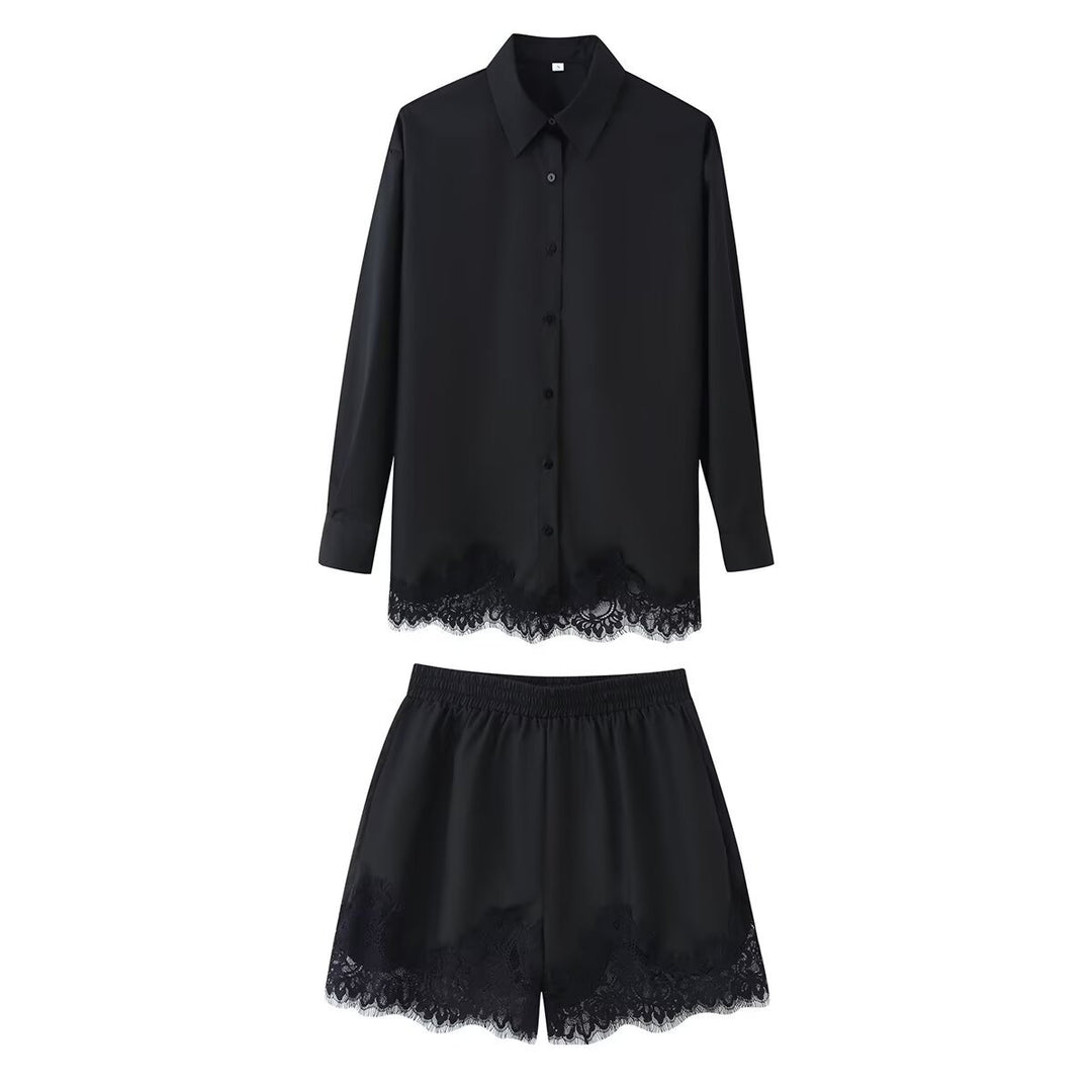 Damen Zweiteiliges Satin-Schlafanzug-Set mit Spitzenbesatz und Hemdjacke Drune
