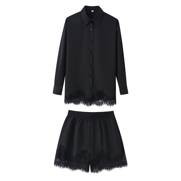 Damen Zweiteiliges Satin-Schlafanzug-Set mit Spitzenbesatz und Hemdjacke Drune
