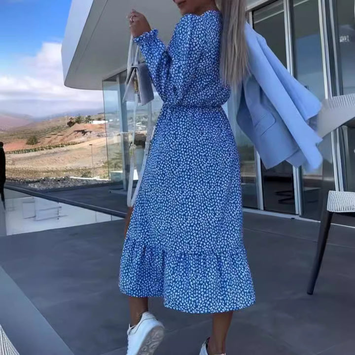 Damen nan Viskose-Midikleid mit V-Ausschnitt, Knopfleiste, gerafftem Tailleneinsatz und asymmetrischem Volant Drune