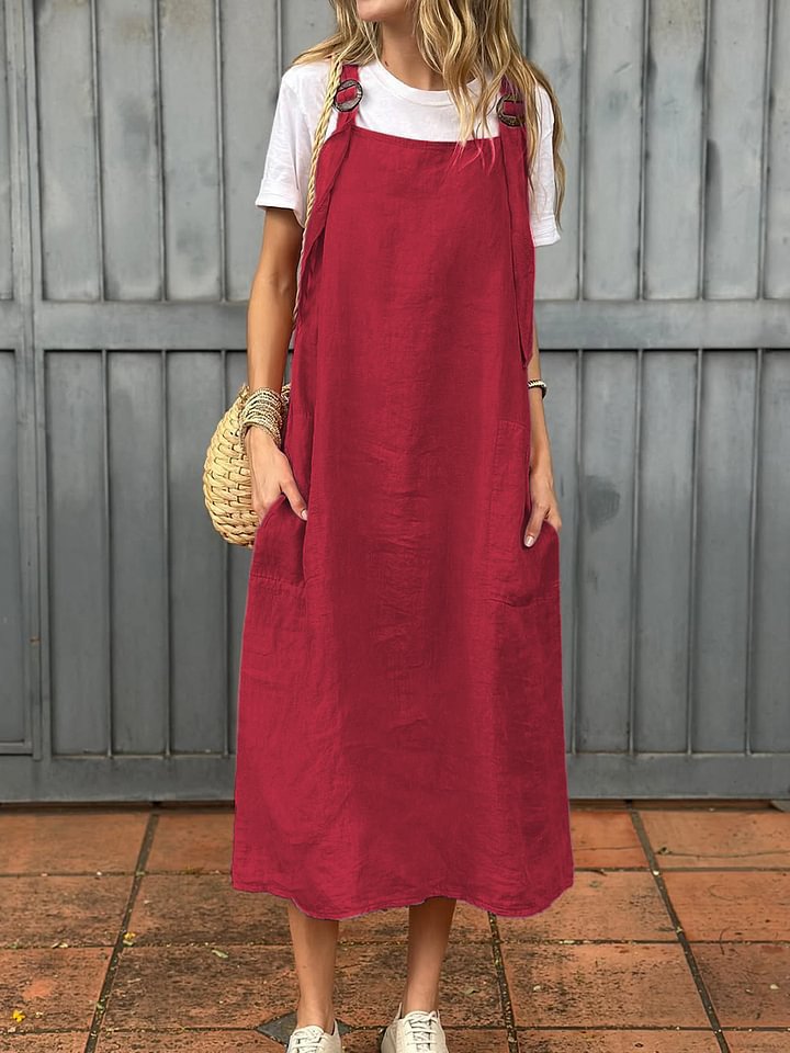 Damen lässiges Leinenkleid mit praktischen Taschen und verstellbaren Trägern Drune