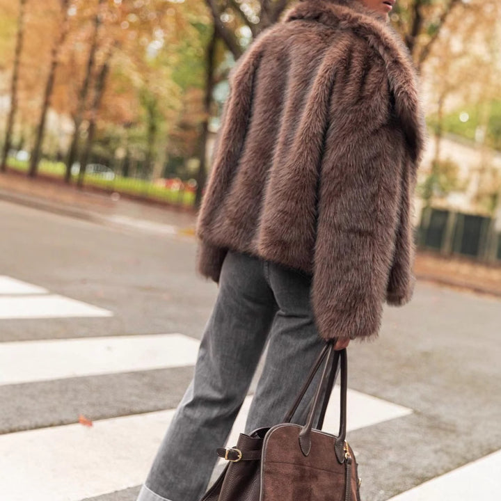 Damen Luxuriöse Kunstfelljacke mit voluminösen Ärmeln und breitem Revers Drune