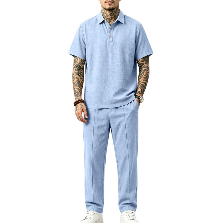 Herren Polo-Lounge-Set aus leichter Leinenmischung mit Kurzarm-Polo und gerader Bundfaltenhose Drune