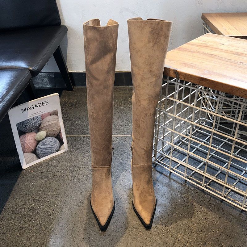 Damen Overknee-Stiefel aus Veloursoptik mit spitzer Zehenform und schmalem Absatz Drune