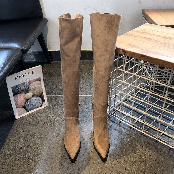 Damen Overknee-Stiefel aus Veloursoptik mit spitzer Zehenform und schmalem Absatz Drune