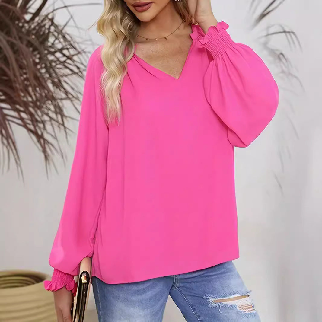 Damen Elegantes V-Ausschnitt Bluse mit Puffärmeln Drune