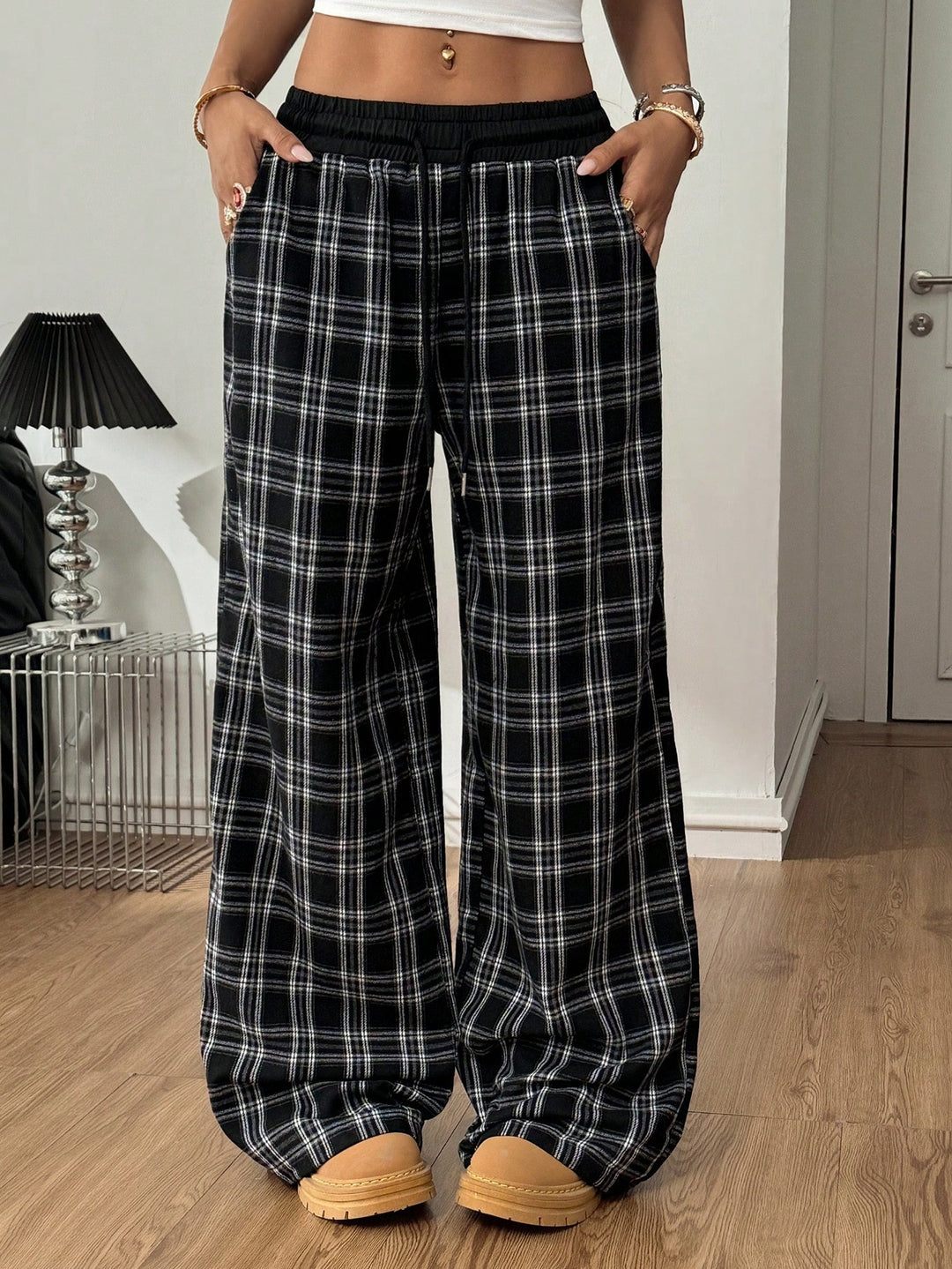 Damen weite karierte Lounge-Hose mit hohem Gummibund und Kordelzug Drune