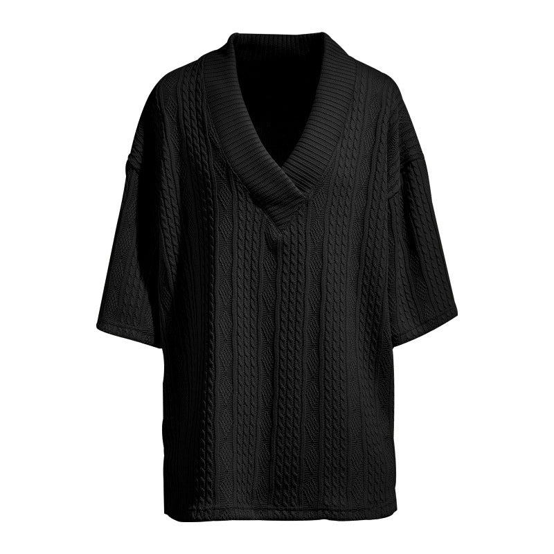 Damen nan Kurzarm-Strickpullover im weiten Schnitt mit tiefem V-Kragen und Zopfmuster Drune