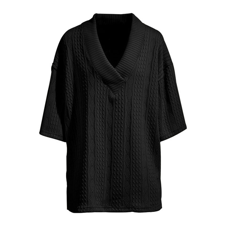 Damen nan Kurzarm-Strickpullover im weiten Schnitt mit tiefem V-Kragen und Zopfmuster Drune
