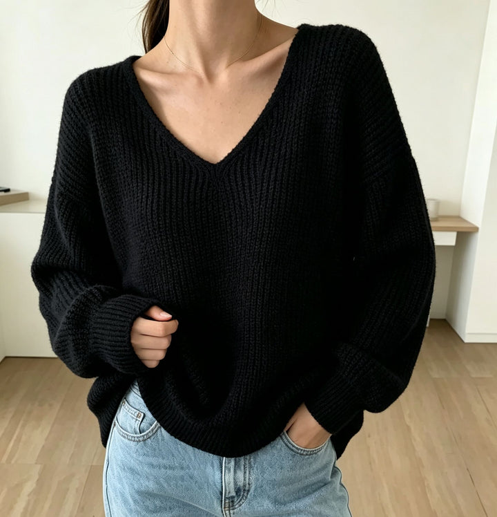 Damen Lässiger Boxy-Grobstrickpullover mit V-Ausschnitt und gerippten Bündchen Drune