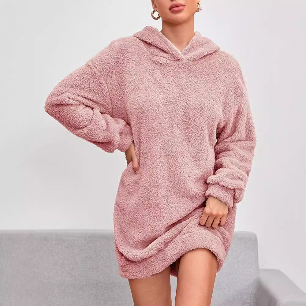 Damen Flauschiger Hoodie-Kleid mit Kapuze und praktischen Taschen Drune