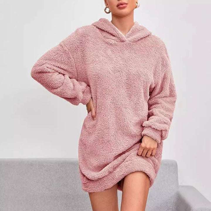 Damen Flauschiger Hoodie-Kleid mit Kapuze und praktischen Taschen Drune